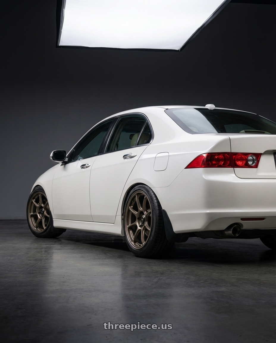 2005 Acura tsx with Konig Ultragram 5x114.3 17x8+40 Carbon Bronze Metallic Knurled Bead wheels rear three quarter view slight stretch tires