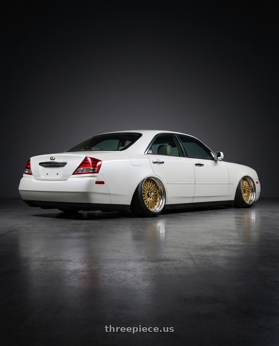 2002 Infiniti M45 with SSR Formula MESH 5x100 19X12+-7 HP Disk Fm Gold wheels rear three quarter view extreme stretch tires