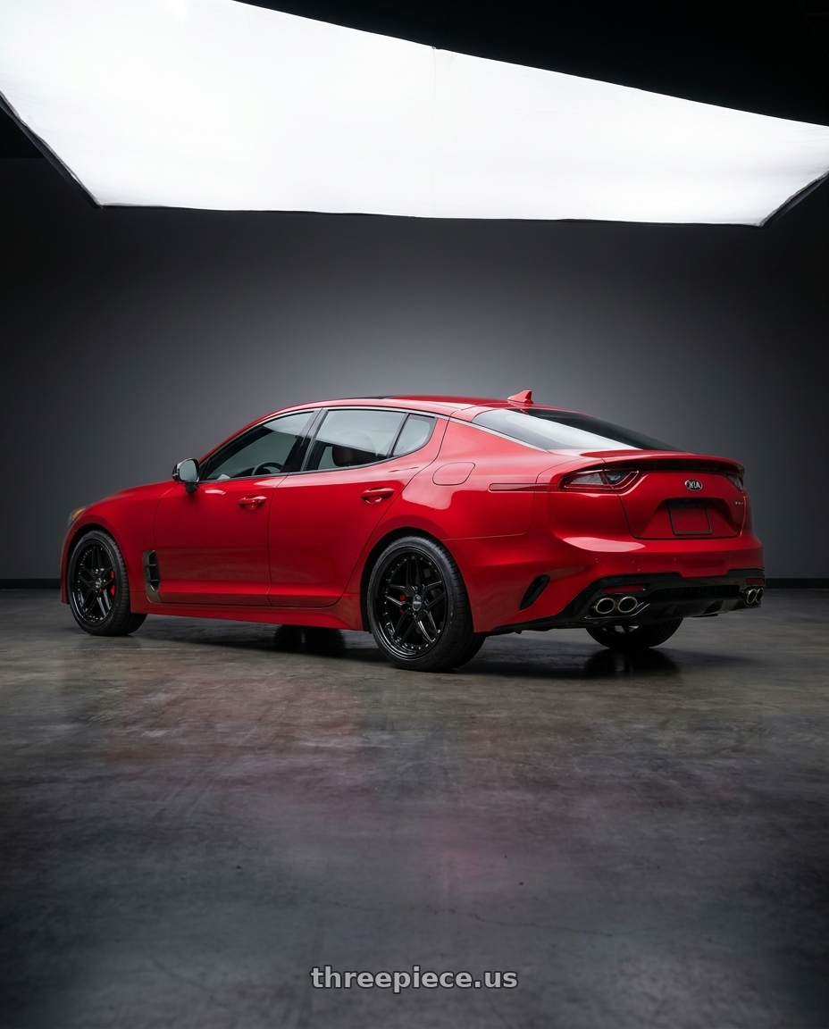 2018 Kia Stinger GT2 AWD with ESR Wheels CS15.2 5x114.3 19x8.5 +35 Gloss Black wheels rear three quarter view square tires