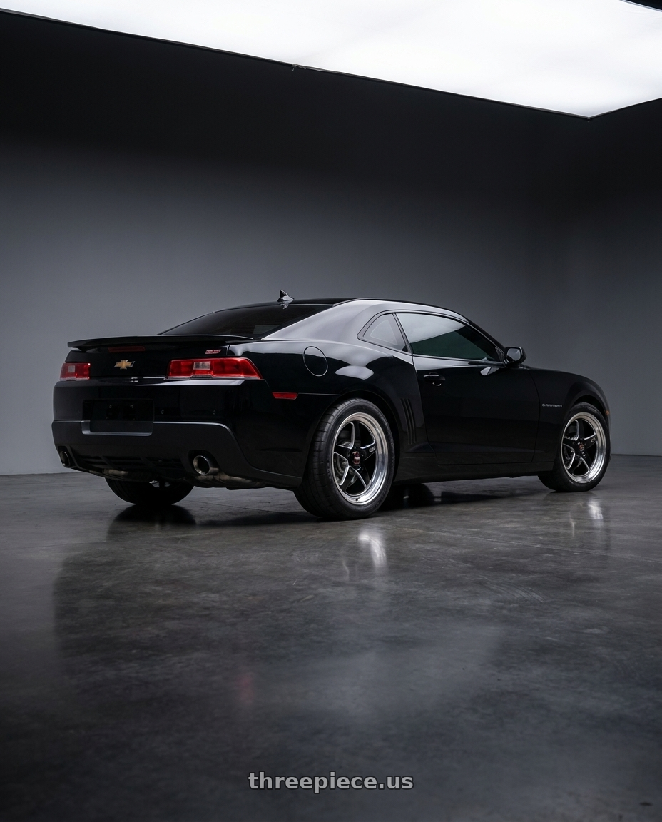 2015 Chevrolet Camaro SS Coupe with WELD Performance Ventura 5x120 20x9 +29 Gloss Black/Milled Diamond Cut Lip wheels rear three quarter view square tires