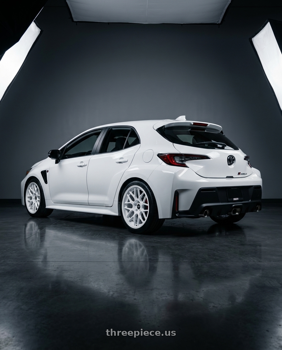 2026 GR Corolla base with ESR Wheels APEX SERIES APX01 5x114.3 18x8.5 +30 Gloss White wheels rear three quarter view square tires
