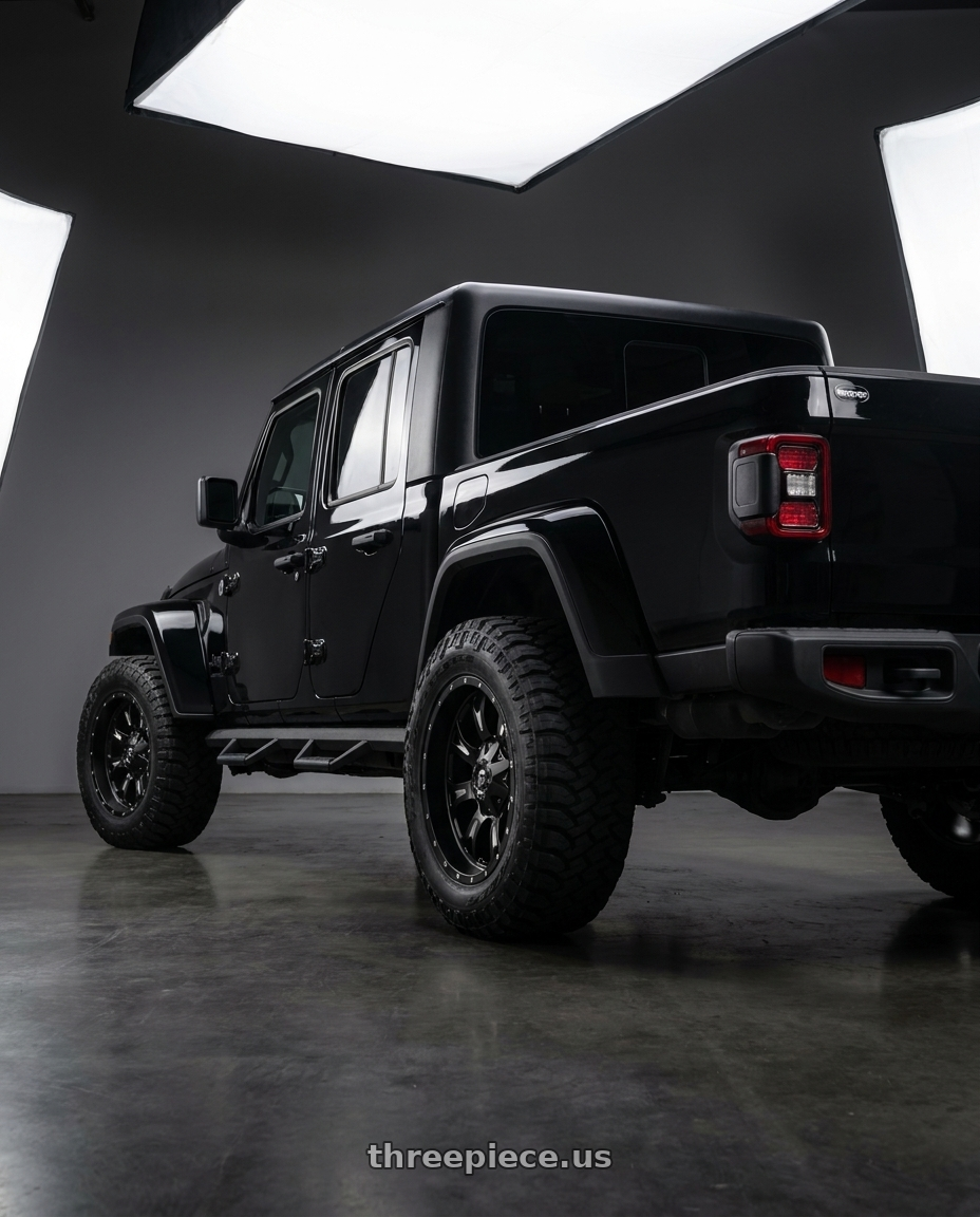 2021 jeep gladiator with Fuel 1PC D517 KRANK 5X114.3/5X127 20X12 -44 MATTE BLACK MILLED wheels rear three quarter view meaty tires