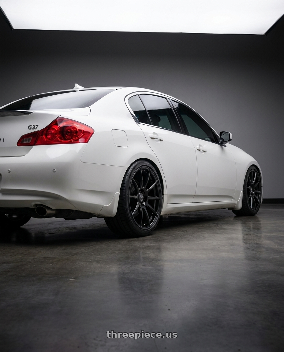 2012 Infiniti G37 with Forgestar CF10 5x114.3 19x9.5 +29 Gloss Black wheels rear three quarter view square tires
