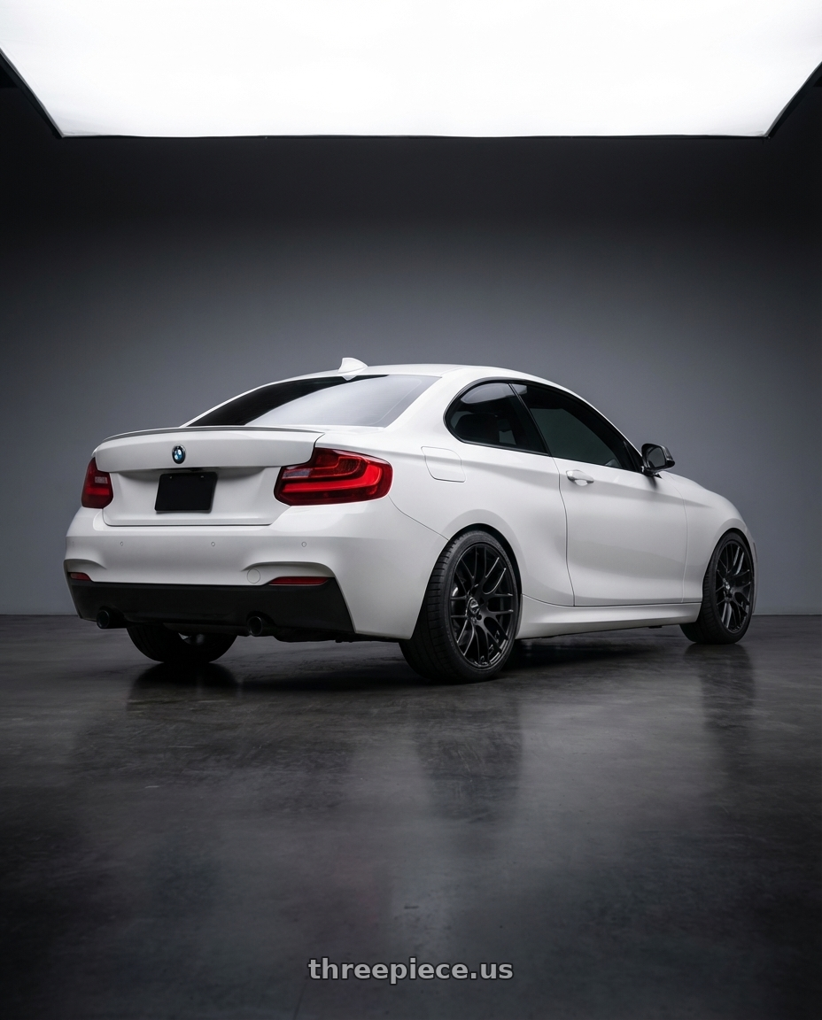 2018 BMW 2 Series F22 with Avant Garde Wheels M359 5X120 18x8.5 +15 Matte Black wheels rear three quarter view square tires