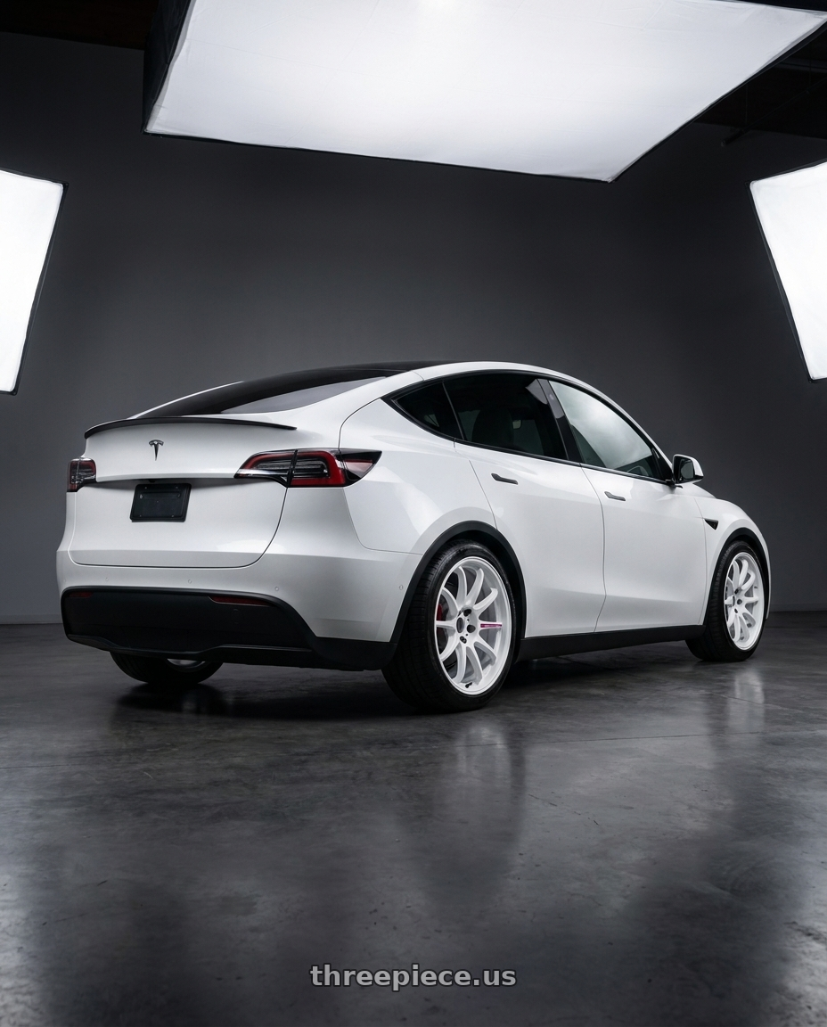2024 Tesla Model Y Performance with Work Emotion Zr10 5x114.3 19x9.5 +30 Azure White wheels rear three quarter view square tires