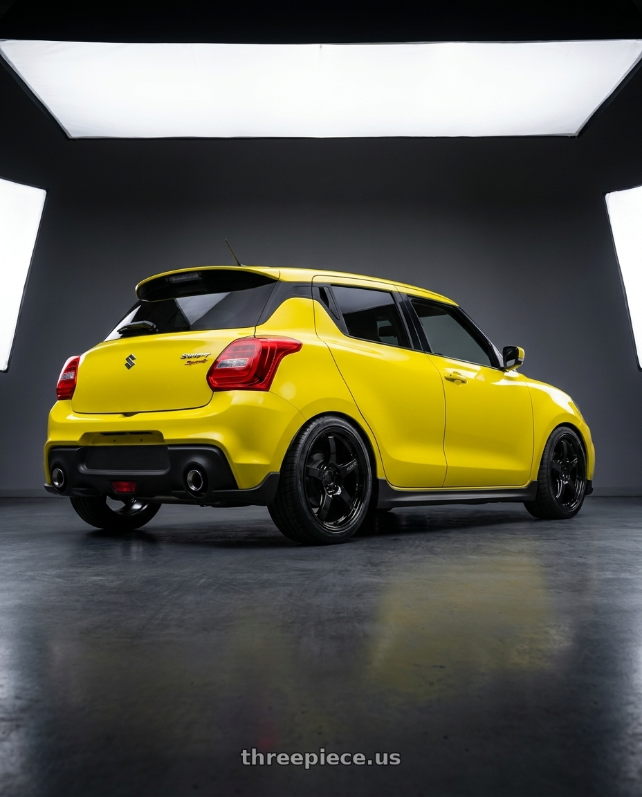 2018 Suzuki Swift Spot with Gram Lights 57CR 5x114.3 18x8.5+37 Glossy Black wheels rear three quarter view square tires