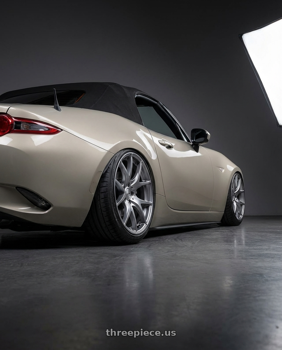 2021 Mazda MX-5 Miata ND with Ssr Gtv03 5x114.3 17x7+42  GLARE SILVER wheels rear three quarter view slight stretch tires