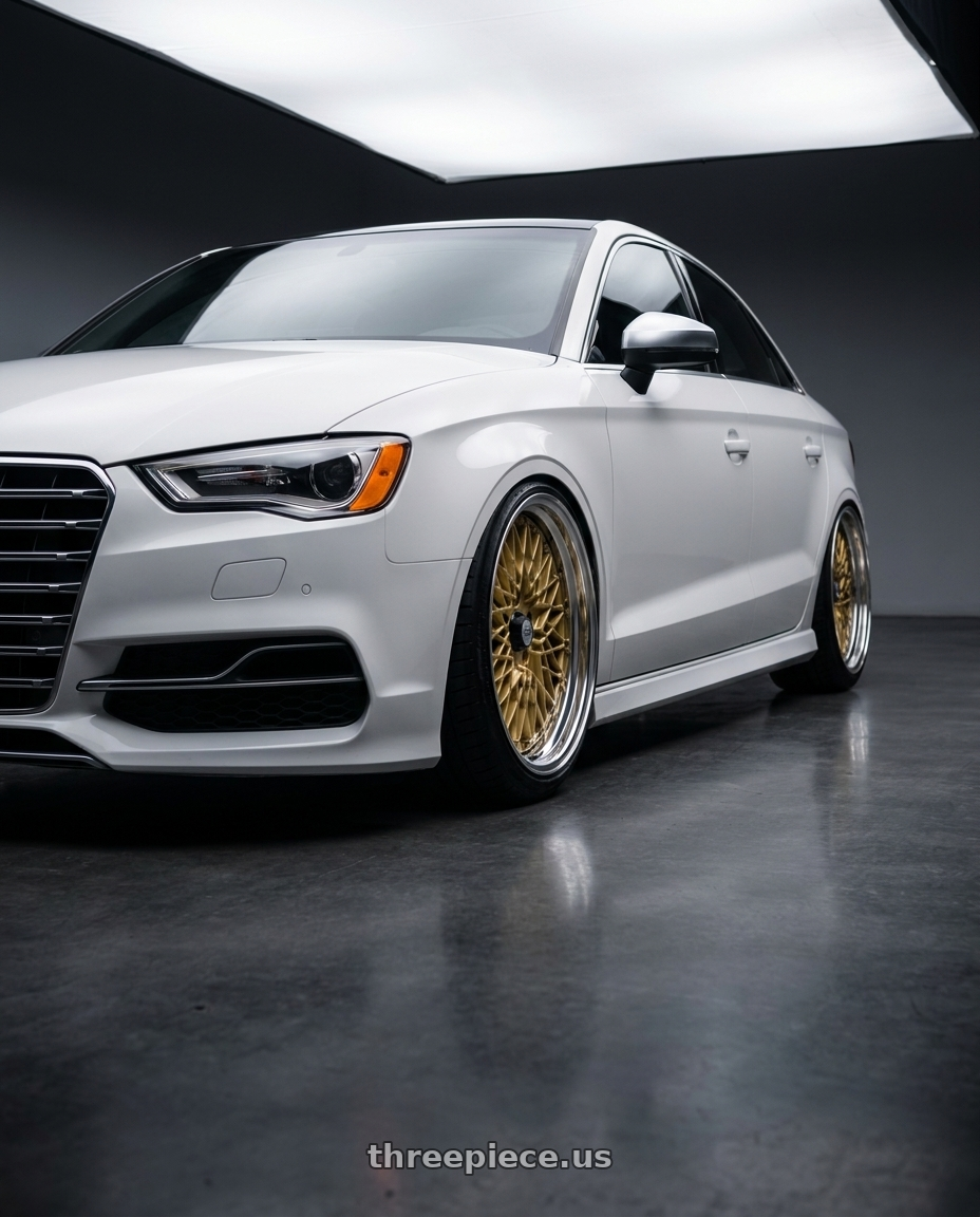 2015 Audi S3 with SSR Formula MESH 5x112 19X9+37 NR Disk Fm Gold wheels front three quarter view lowered stance