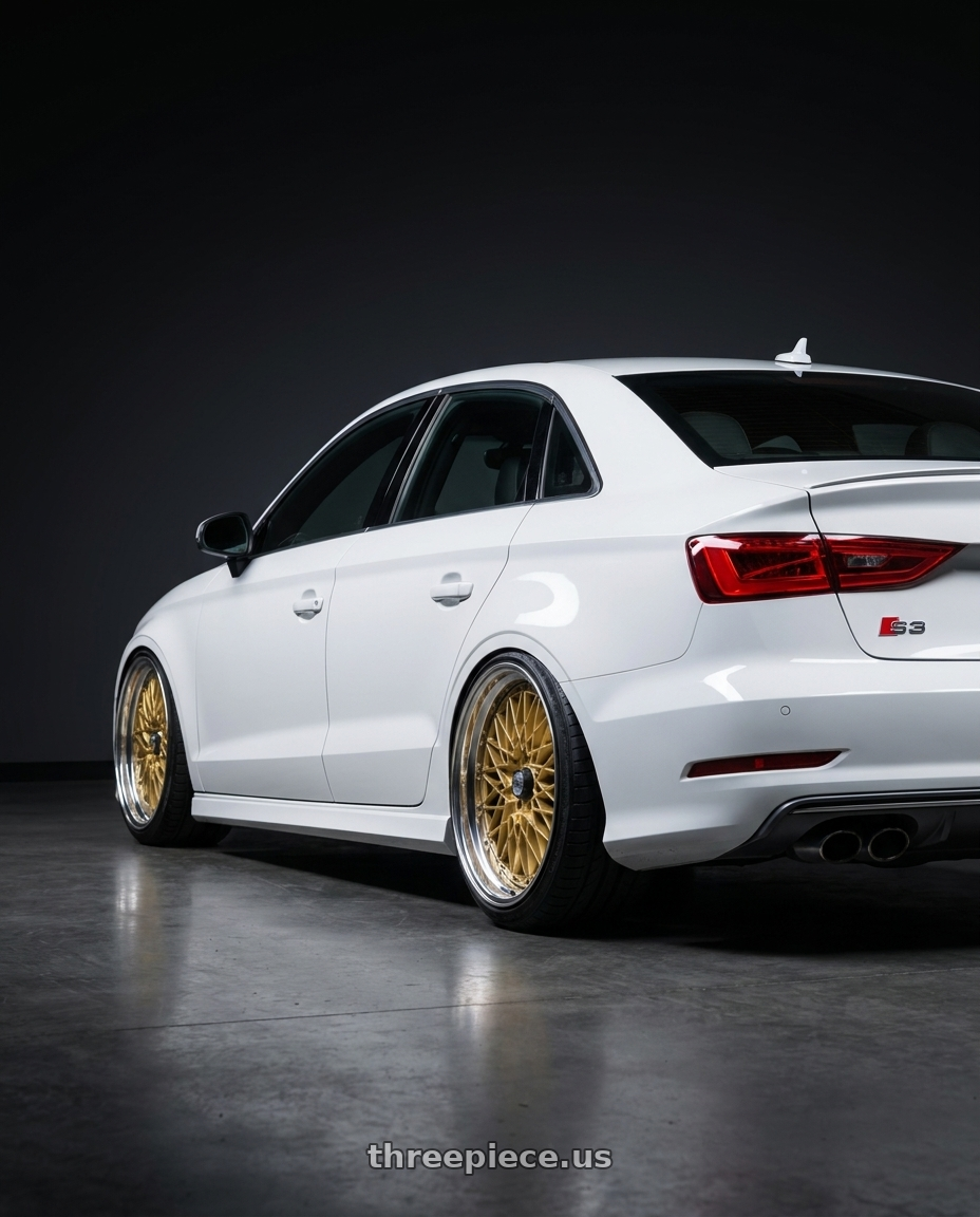 2015 Audi S3 with SSR Formula MESH 5x112 19X9+37 NR Disk Fm Gold wheels rear three quarter view extreme stretch tires