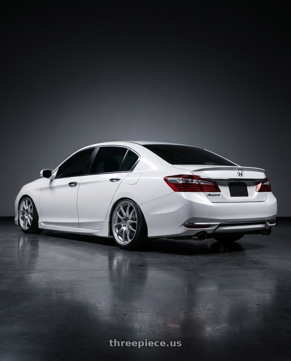 2016 Honda accord with Enkei PF01 5x114.3 18x8.5+35 Silver wheels rear three quarter view slight stretch tires