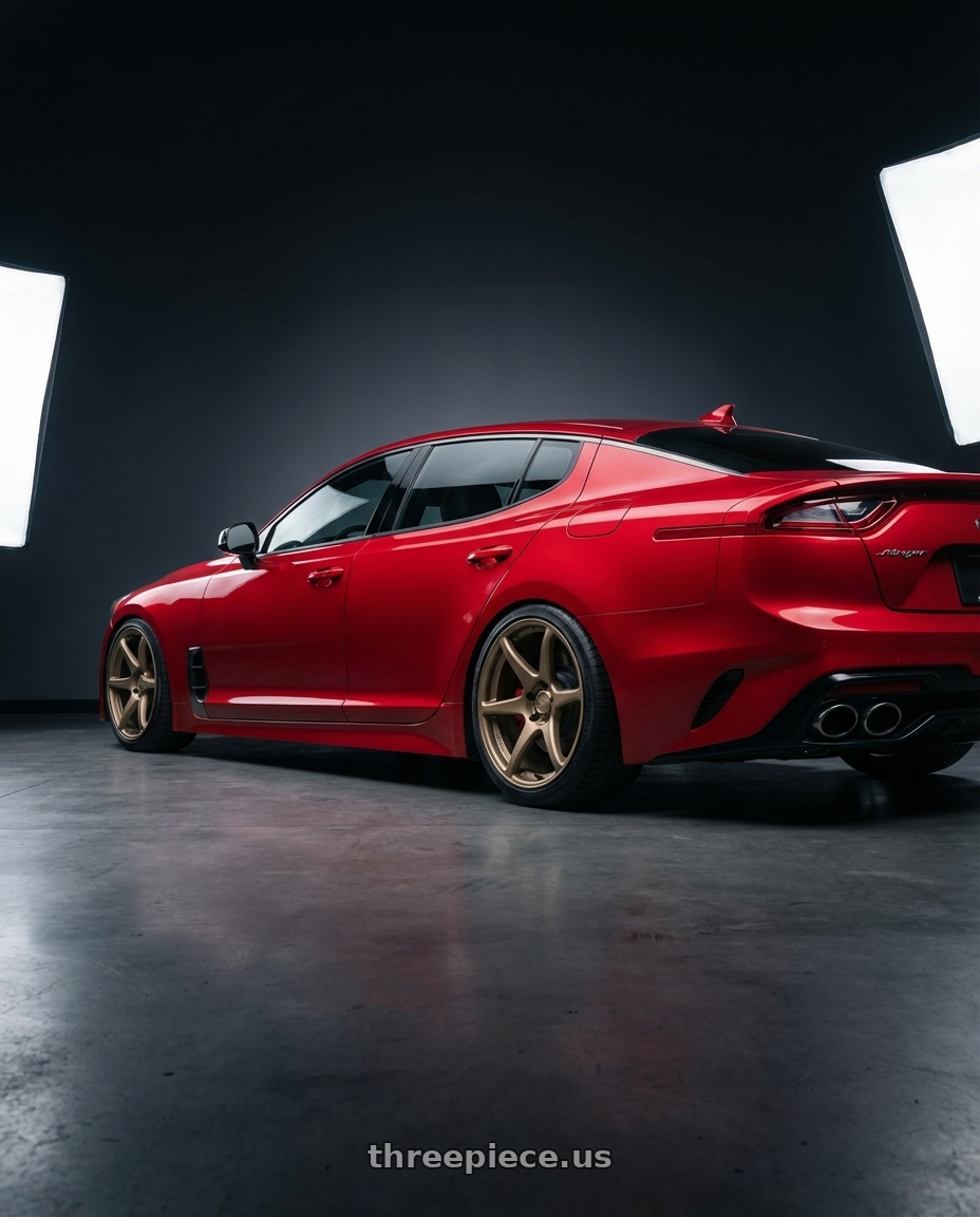 2022 Kia Stinger GT with Kansei K11B Tandem 5x114.3 19x9.5 22 Bronze wheels rear three quarter view square tires