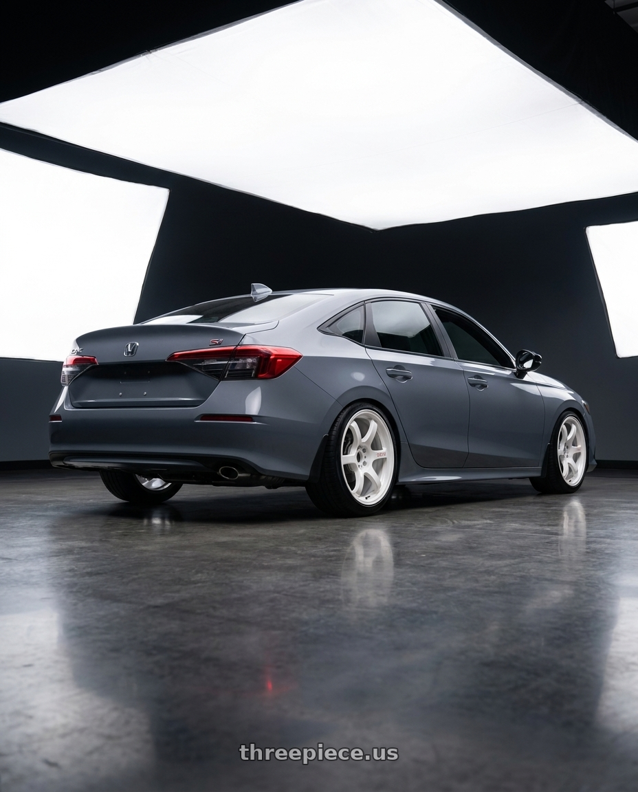 2026 Honda civic si with Gram Lights 57DR 5x114.3 18x9.5 +38 CERAMIC PEARL wheels rear three quarter view slight stretch tires
