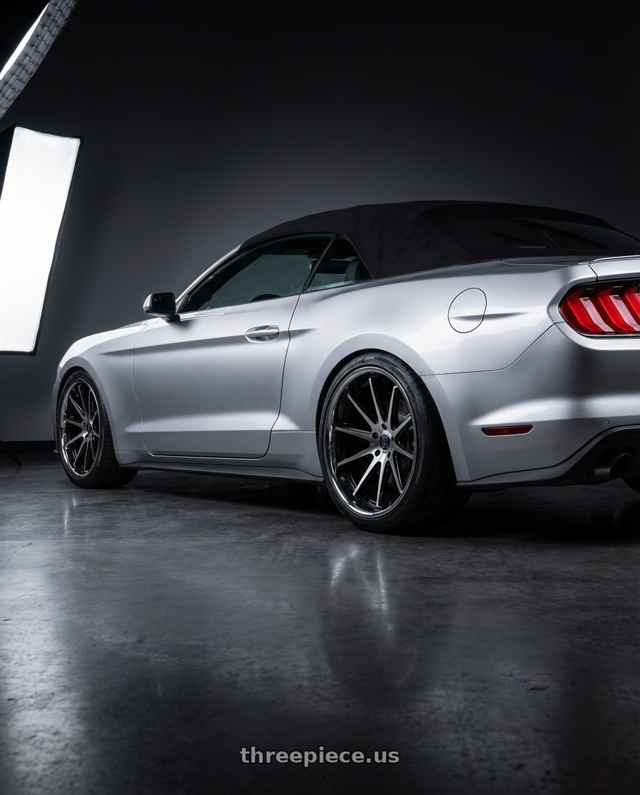 2018 ford mustang with Rohana RFC10 5x114.3 20x10+25 Machine Black/Chrome Lip wheels rear three quarter view slight stretch tires