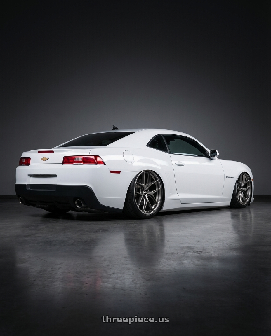 2014 Chevrolet Camaro 5th Gen with BBS CC-R 5x120 20x10.5+35 Satin Platinum wheels rear three quarter view slight stretch tires