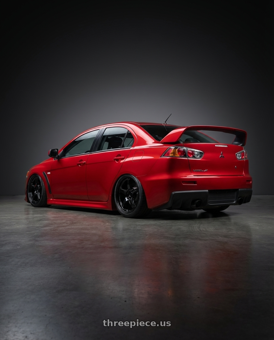 2012 Mitsubishi Lancer Evo X with Gram Lights 57CR 5x114.3 18x8.5+37 Glossy Black wheels rear three quarter view slight stretch tires