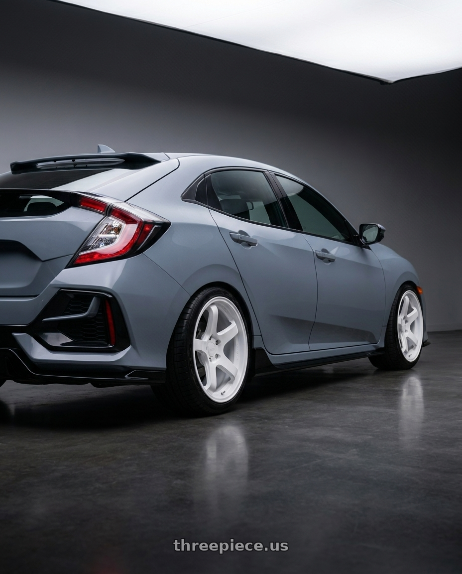 2021 Honda Civic sports Hatchback with KATANA RACING HR05 5x114.3 18x8.5 +35 Gloss White wheels rear three quarter view square tires