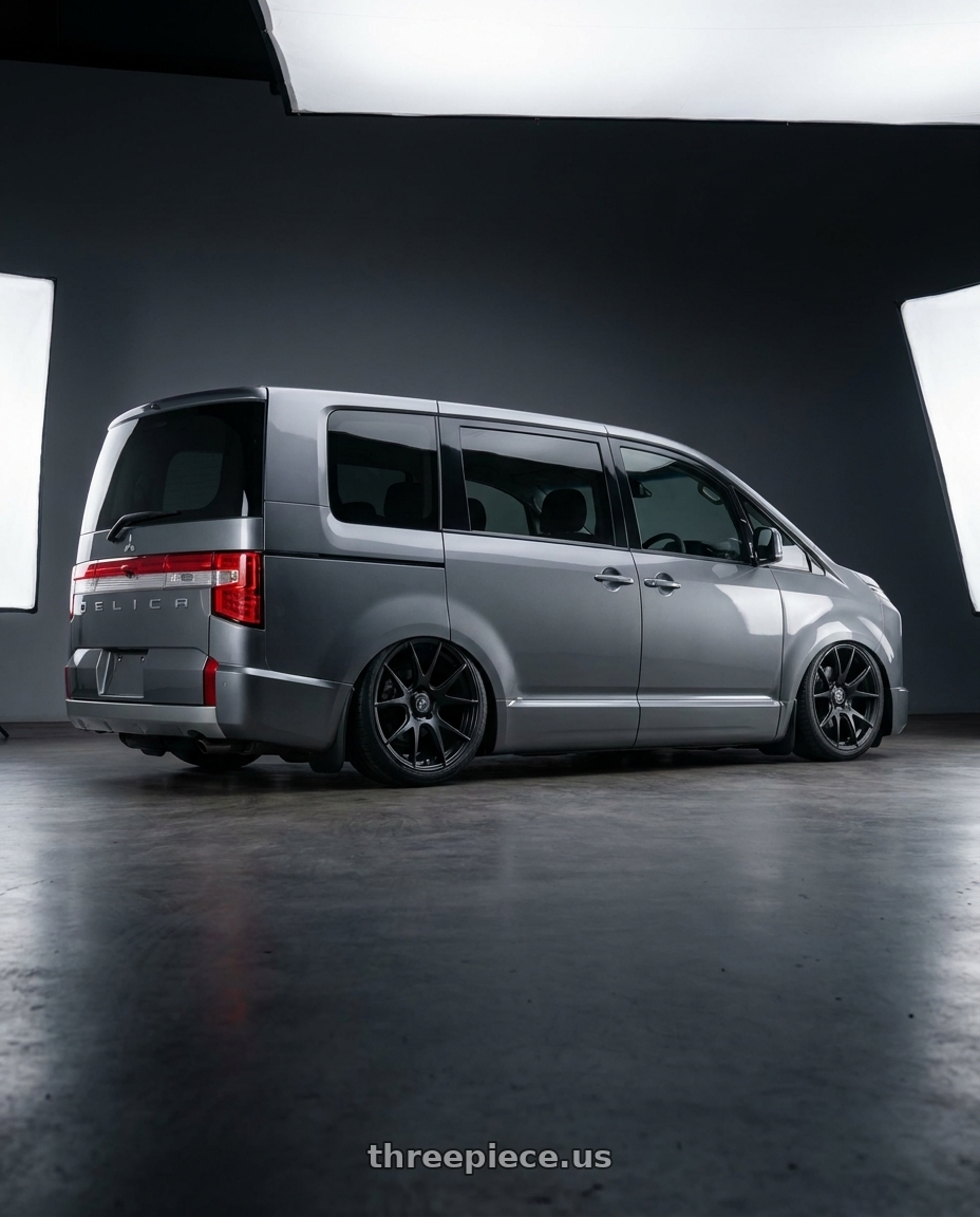 2022 Mitsubishi Delica with Forgestar CF5V 5x120 19x9 +38 Satin Black wheels rear three quarter view slight stretch tires