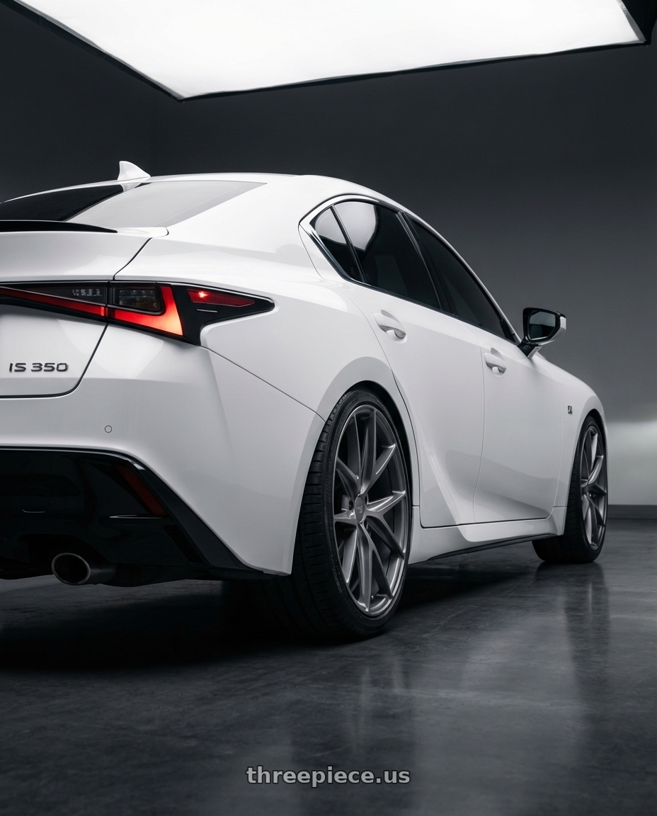 2024 Lexus IS 350 with Niche 1PC M116 MISANO 5X114.3 19X8.5 +45 MATTE GUN METAL wheels rear three quarter view square tires