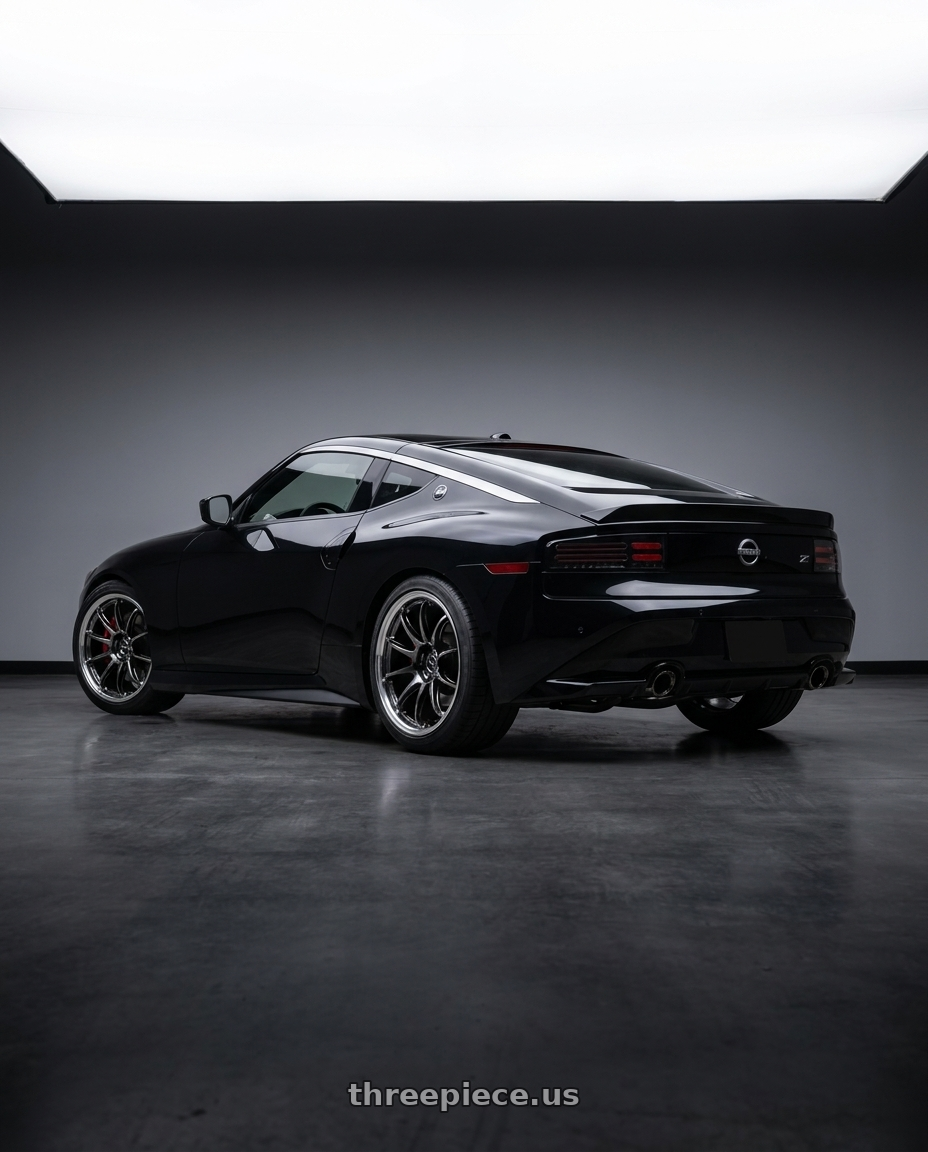 2023 nissan z with Work Emotion Zr10 5x114.3 19x9.5 +23 Glim Black Diamond Rim cut wheels rear three quarter view square tires