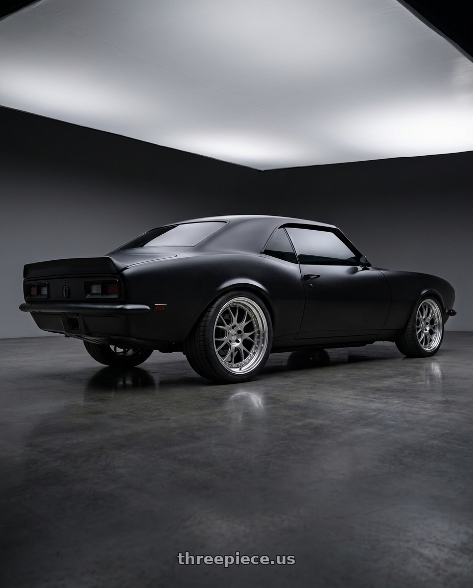 1968 Chevy Camaro with SSR Professor MS3 5x120.65 18X8.5+18 NR Disk Titan Silver wheels rear three quarter view square tires