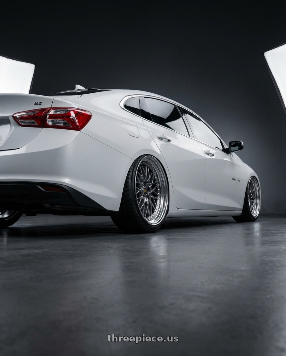 2023 Chevrolet Malibu  with Work Vs-Xv 5x100 18x8.5+34 A Disk Brilliant Silver Black wheels rear three quarter view extreme stretch tires