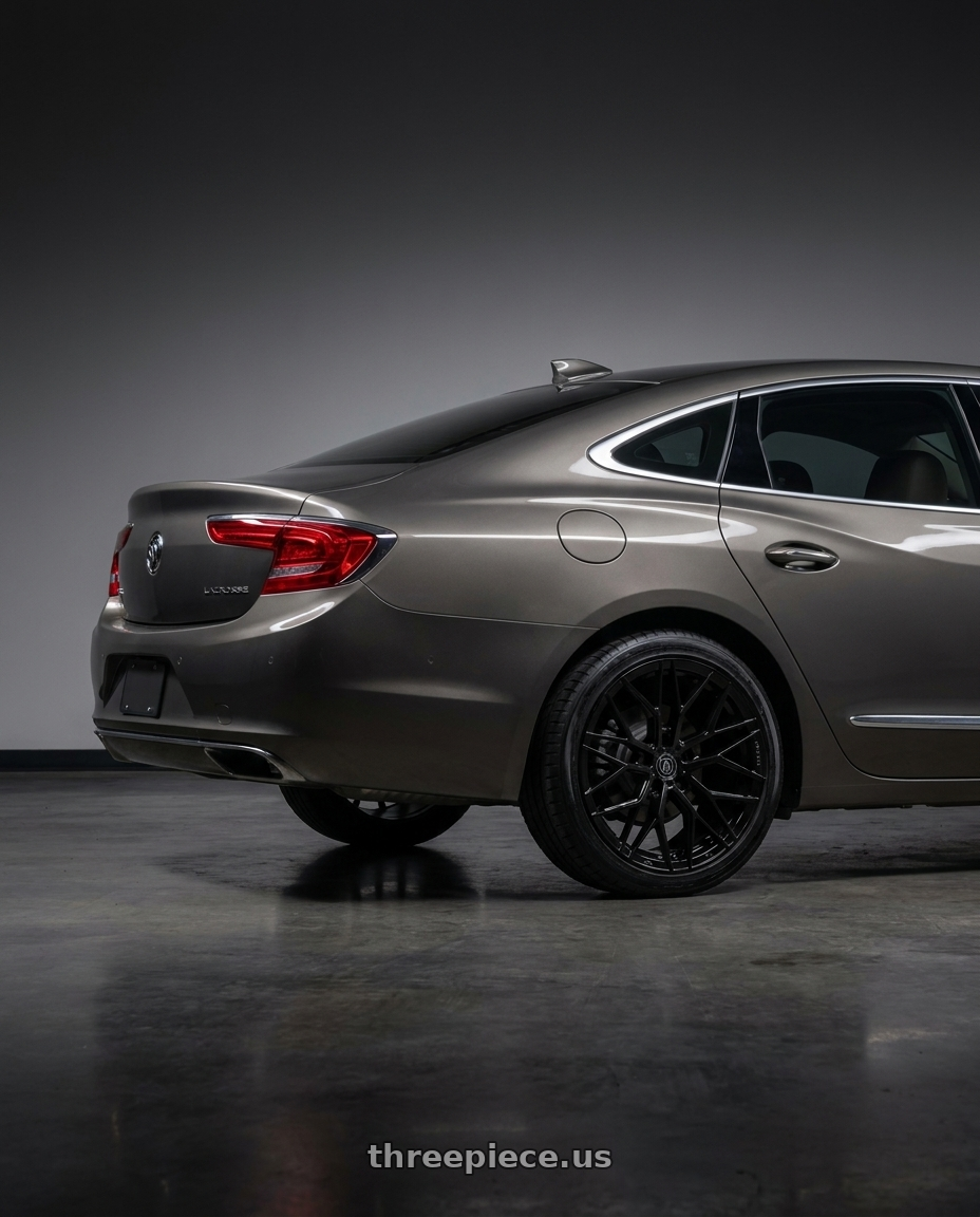 2017 Buick lacrosse with AXE WHEELS EX44 5x115 18x8.5 +40 Gloss Black wheels rear three quarter view square tires