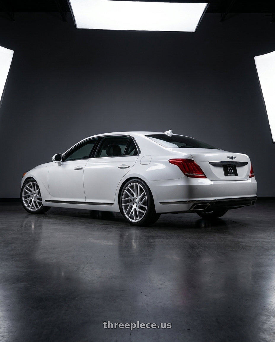 2018 genesis g90 ultimate with Status JUGGERNAUT 5X114.3 20X9 +30 SILVER W/ BRUSHED MACHINED FACE wheels rear three quarter view square tires