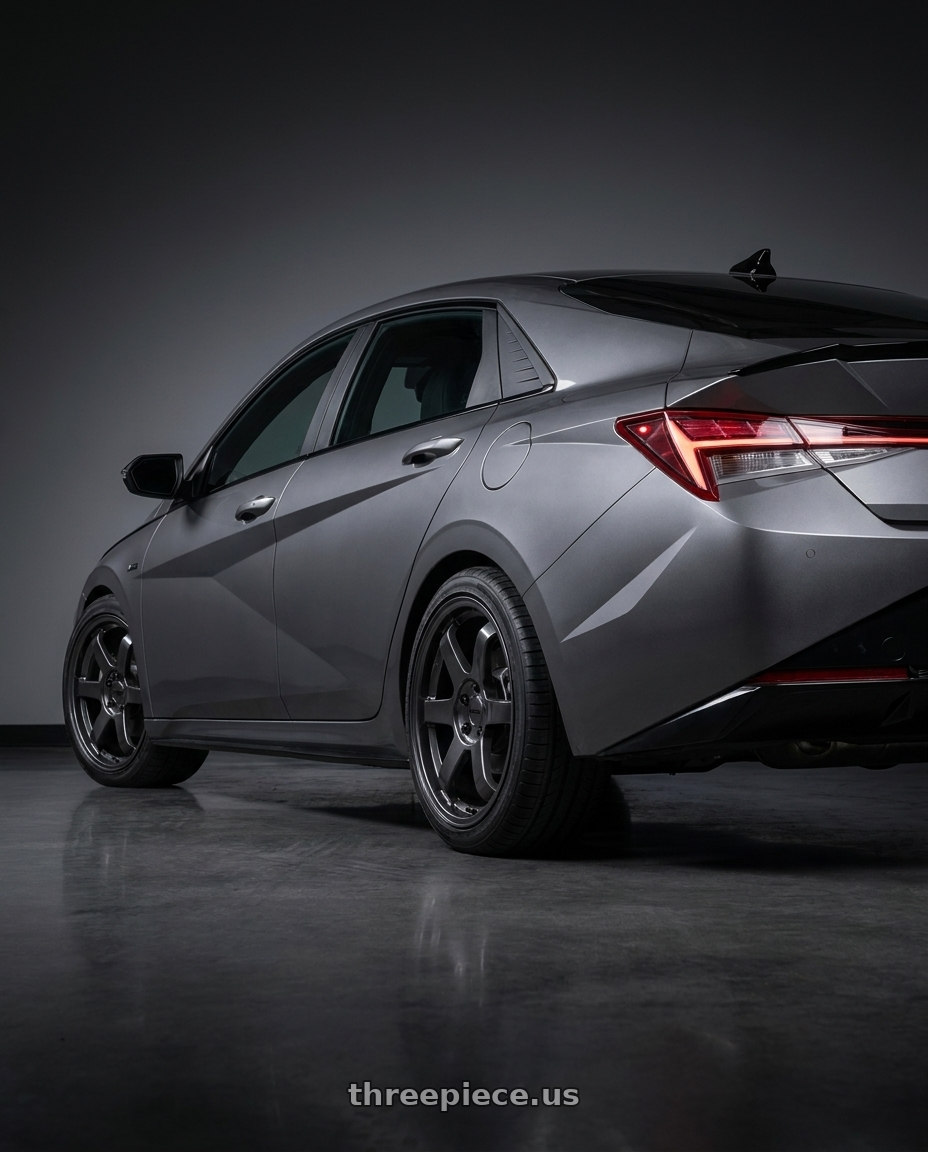 2023 Hyundai Elantra n line with KATANA RACING KR08 5x114.3 18x8 +40 Glossy GunMetal wheels rear three quarter view square tires