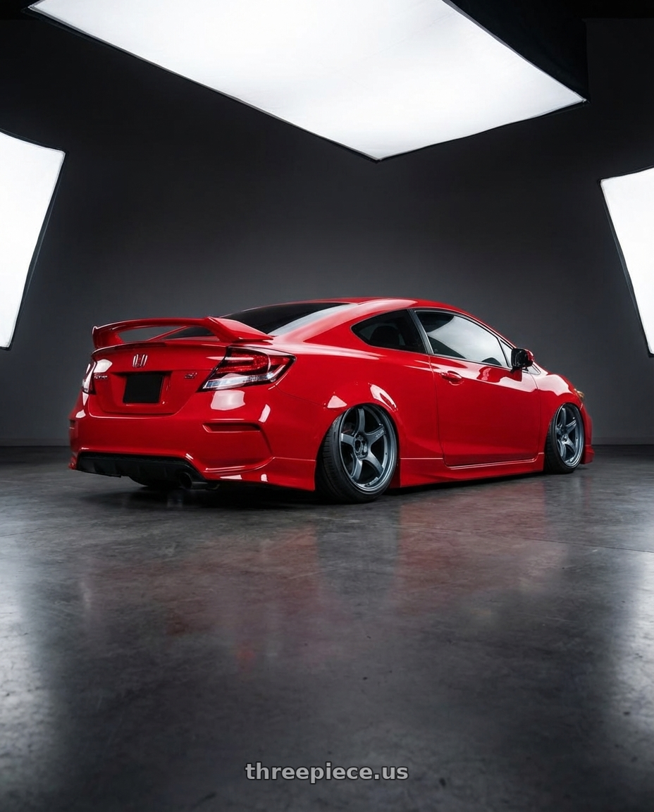 2015 Honda Civic Si with Gram Lights 57CR 5x114.3 18x10.5+12 Gunblue II wheels rear three quarter view slight stretch tires