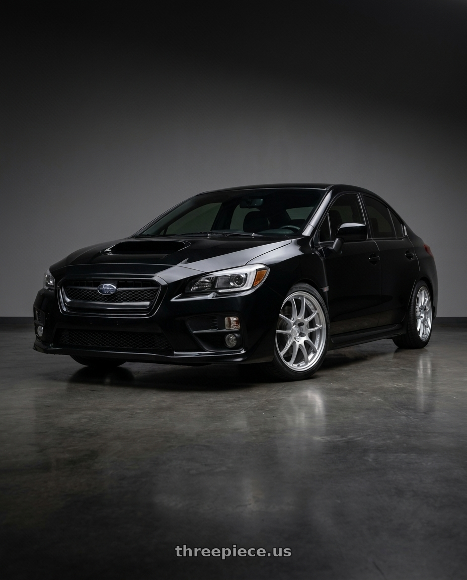 2016 Subaru WRX with Enkei PF01 5x114.3 18x9+35 Silver wheels front three quarter view lowered stance
