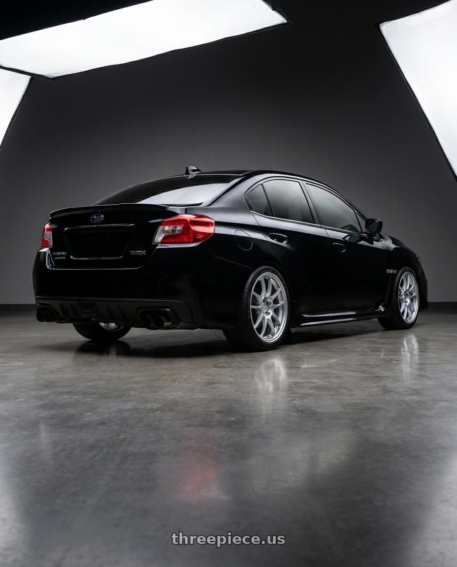 2016 Subaru WRX with Enkei PF01 5x114.3 18x9+35 Silver wheels rear three quarter view square tires