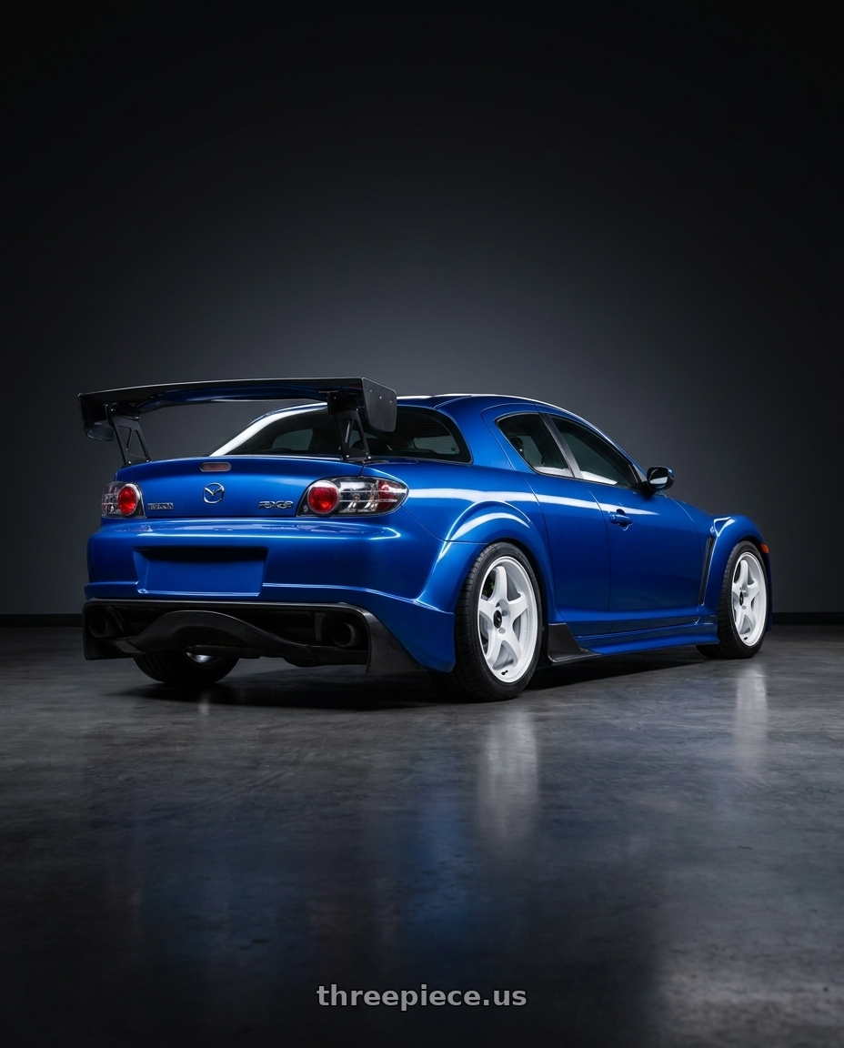 2005 Mazda RX8 with Enkei PF05 4x100 15x8+25 White wheels rear three quarter view square tires