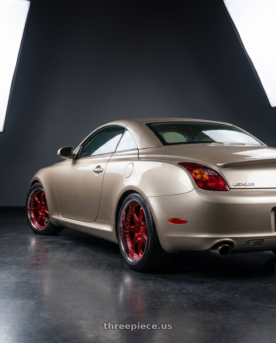 2002 Lexus SC430 Egyptian sand with Heritage Wheel MAZE wheels rear three quarter view square tires