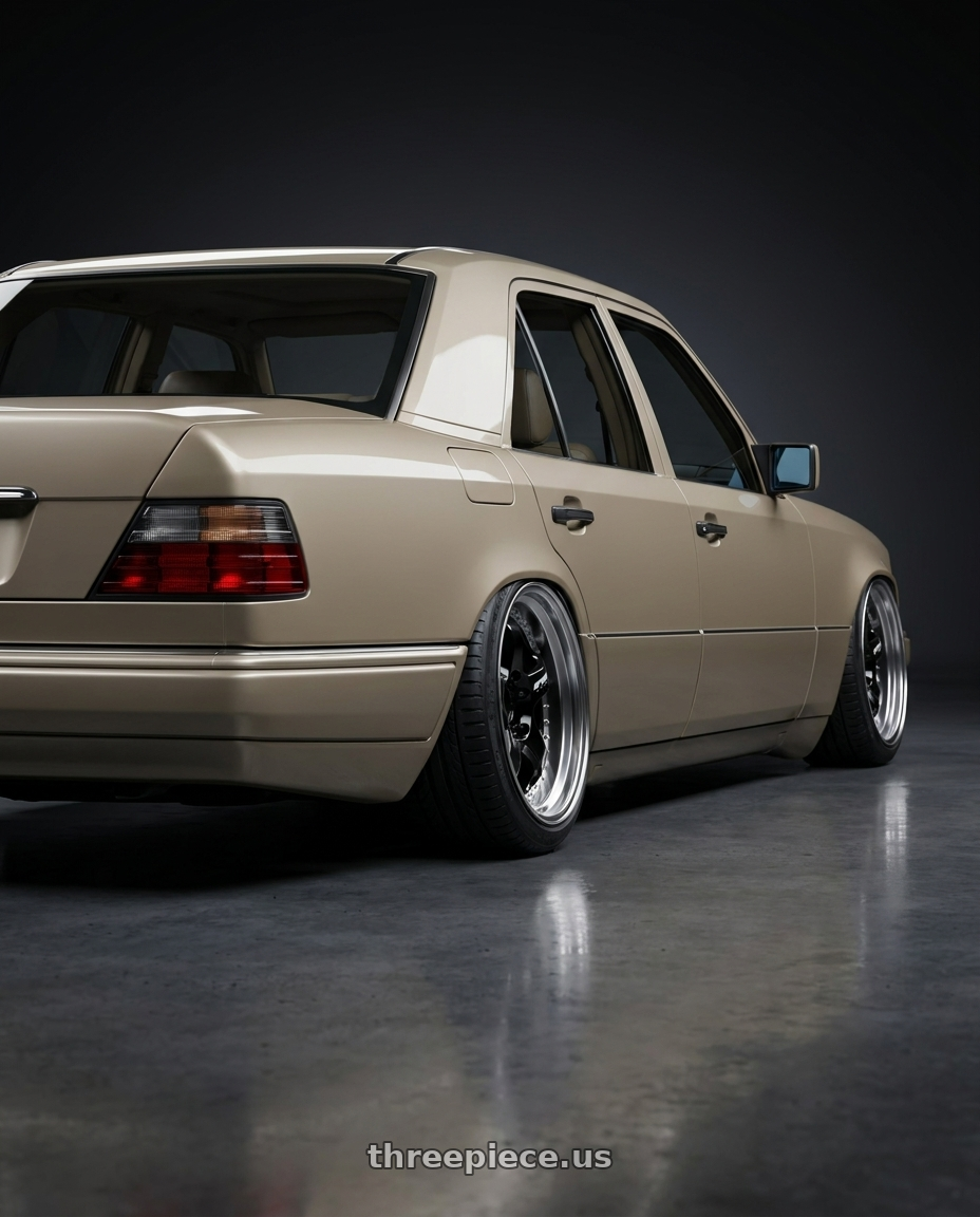 1995 Mercedes E300D Tan with Work Meister S1 3P 5x100 18x9+35 A Disk Black wheels rear three quarter view slight stretch tires