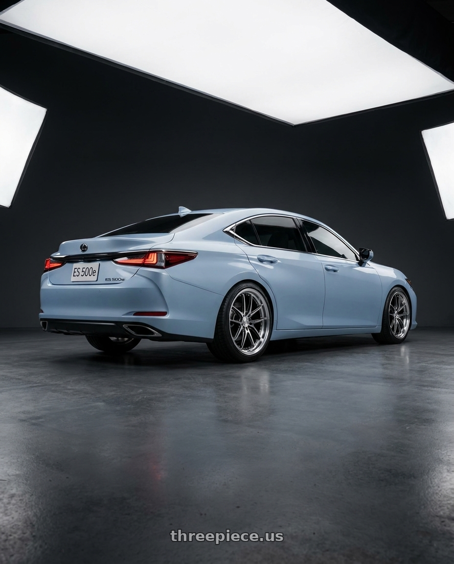 2026 LEXUS ES500e with Versus VERSUS VMF C-01 5x120 20x9+27 Refab / Side Brightening Metal Dark / MC wheels rear three quarter view slight stretch tires