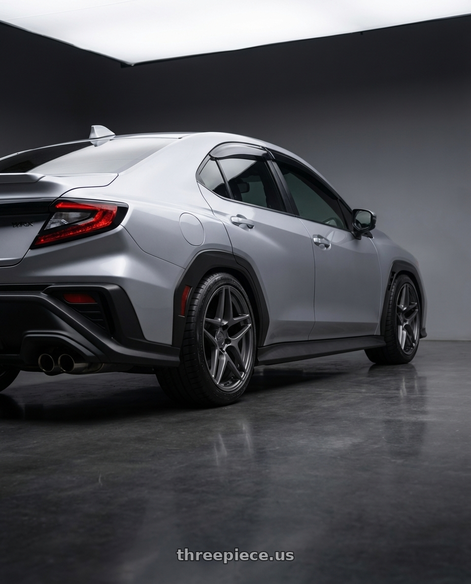 2022 Subaru wrx  with Kansei K15G Astro 5x114.3 18x10.5 12 Gunmetal wheels rear three quarter view square tires