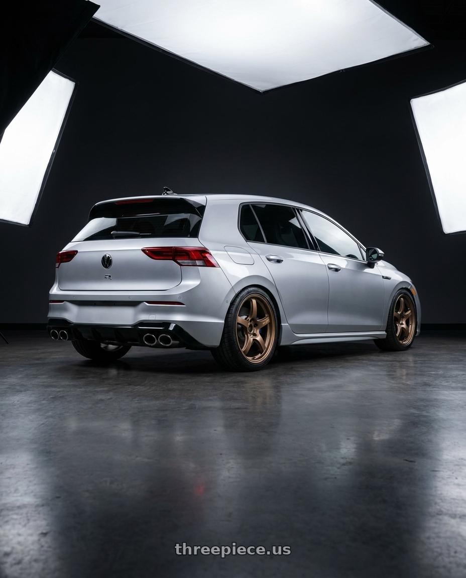 2024 Volkswagen Golf R MK8 with Gram Lights 57CR 5x112 19x10.5+35 Bronze II wheels rear three quarter view square tires