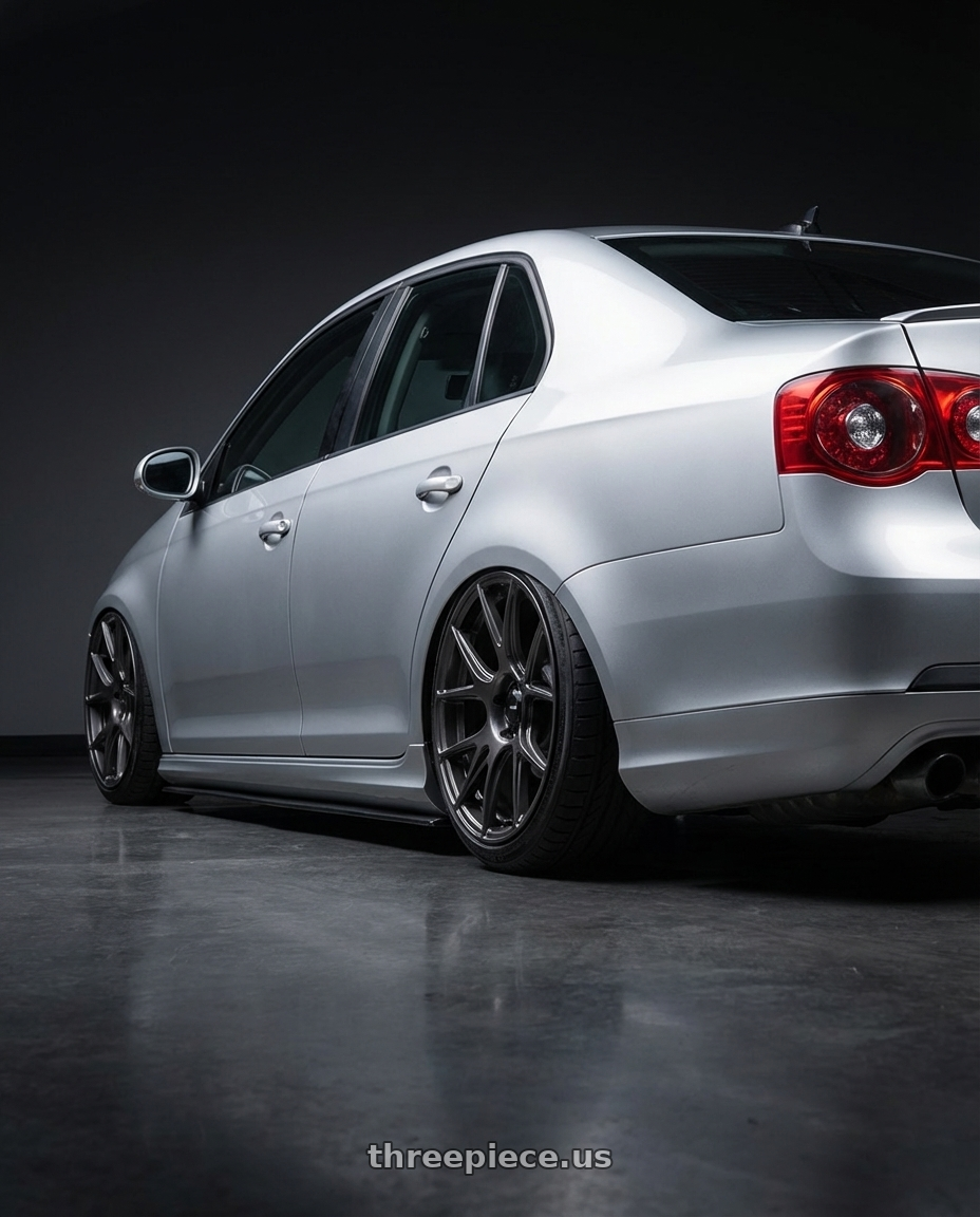 2009 Volkswagen Jetta GLI MK5 with Konig Ampliform 5x112 18x8.5+43 Dark Metallic Graphite wheels rear three quarter view slight stretch tires