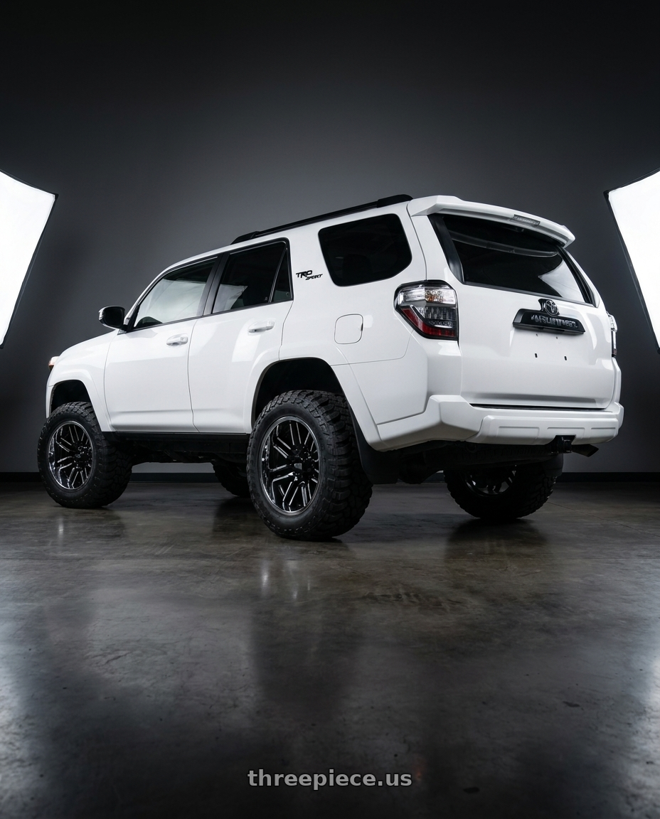 2022 Toyota 4Runner with Moto Metal MO202 6X139.7 20X12 -44 GLOSS BLACK MACHINED CENTER CHROME LIP wheels rear three quarter view meaty tires