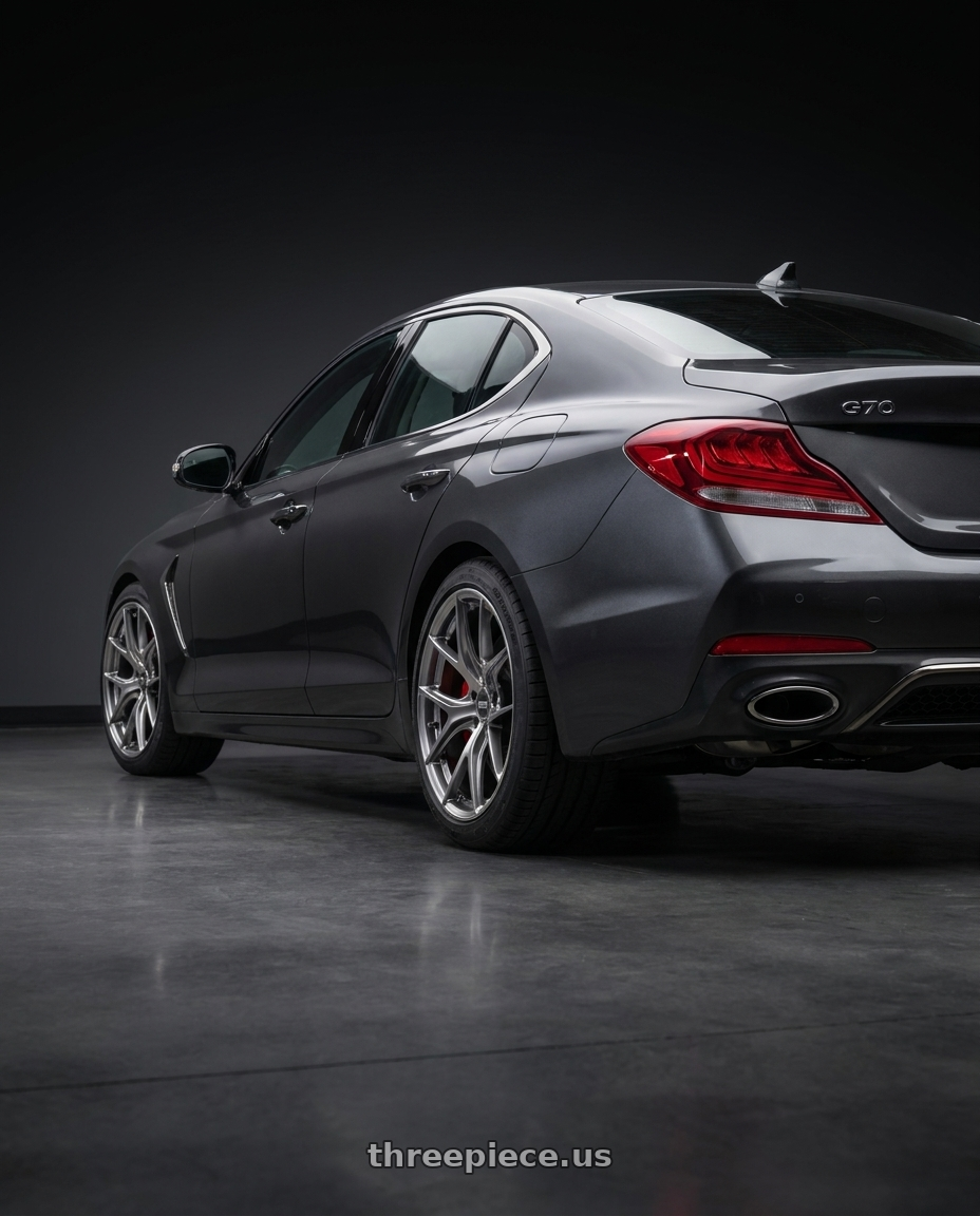 2019 Genesis G70 with ESR Wheels FORGETECH SERIES RF2 5x105 18x9 +30 Hyper Black wheels rear three quarter view square tires