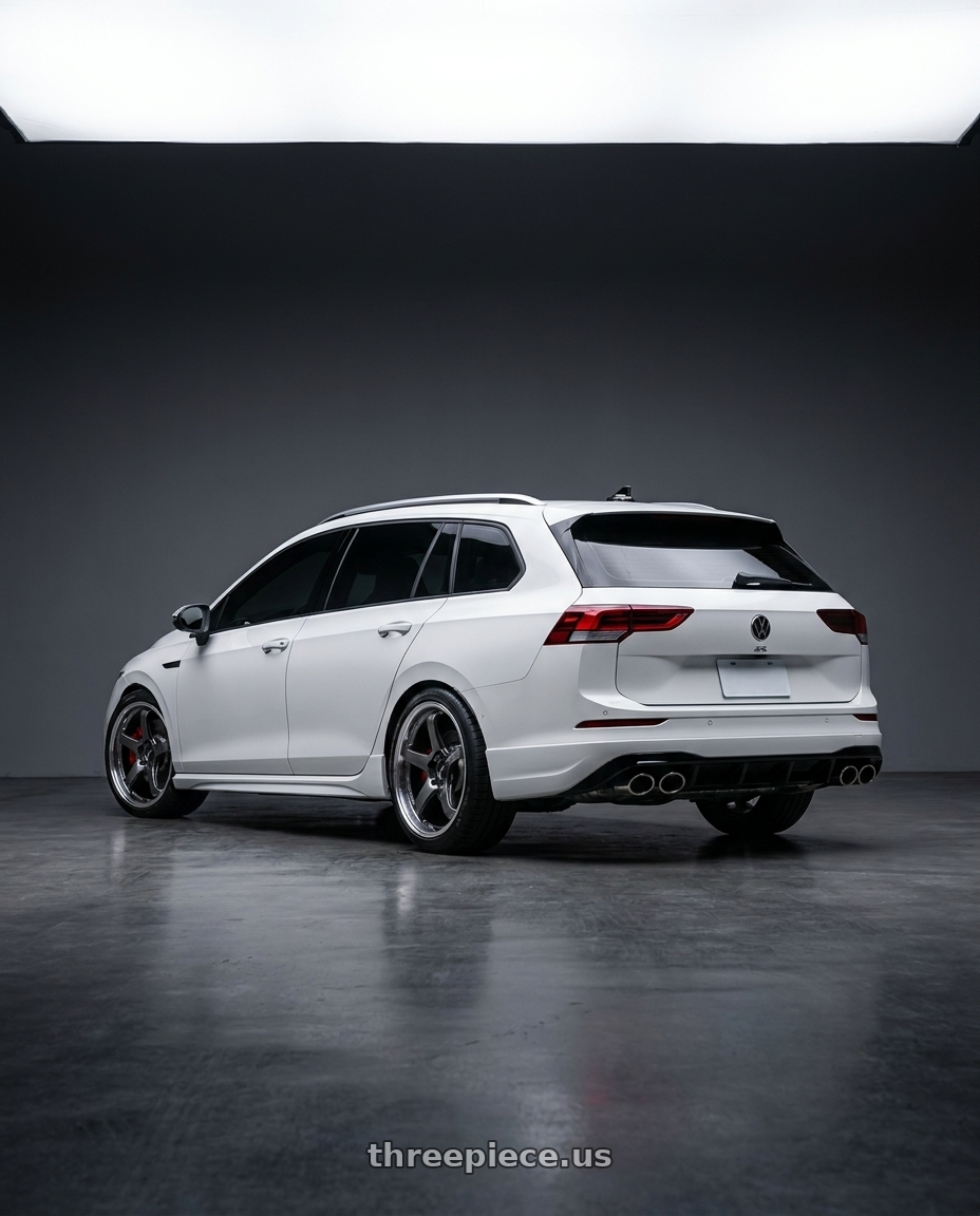 2024 volkswagon golf 8R Variant white with Advan Racing GT BEYOND 5x112 19x8.5 +45 MACHINING & HYPER PLATINUM BLACK wheels rear three quarter view square tires