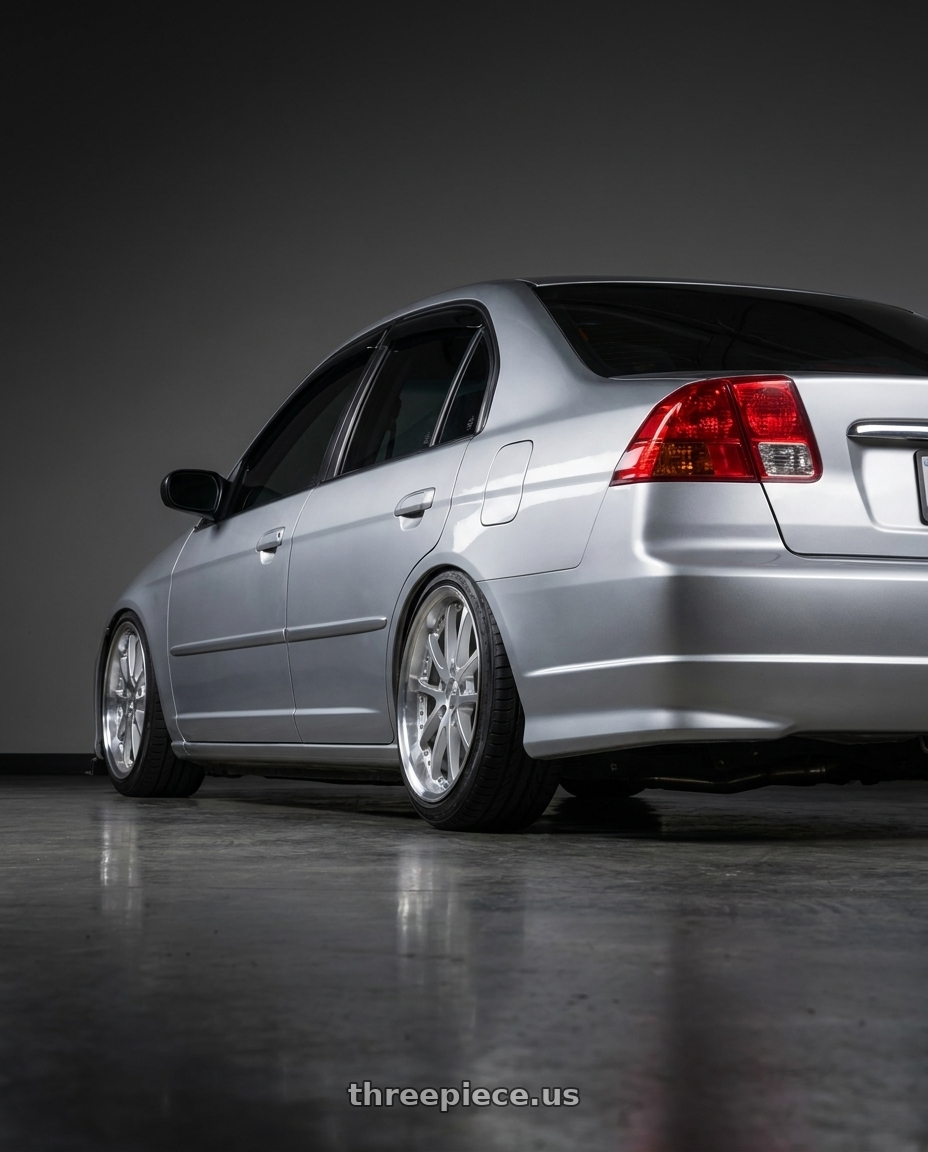 2002 Honda civic with Vors AR5 5x114.3 17x8 +35 Silver Machine Face Lip Chrome Rivet wheels rear three quarter view slight stretch tires
