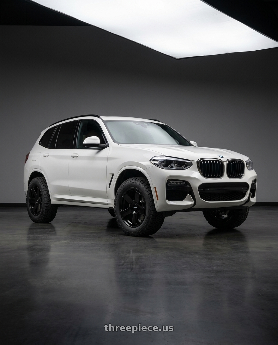 2019 BMW X3 with Rotiform 1PC AVS 5X112 22X10.5 +10 GLOSS BLACK wheels front three quarter view lifted stance