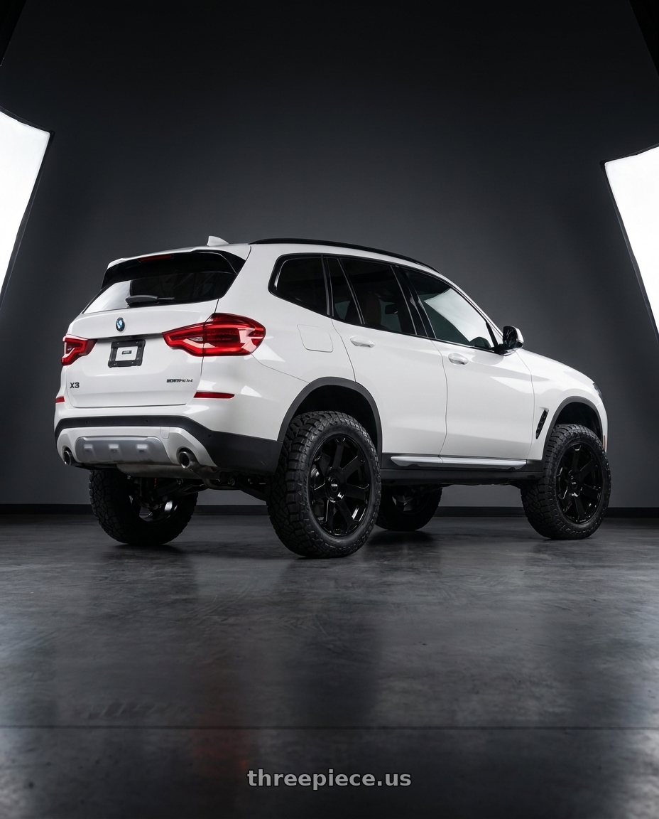 2019 BMW X3 with Rotiform 1PC AVS 5X112 22X10.5 +10 GLOSS BLACK wheels rear three quarter view meaty tires