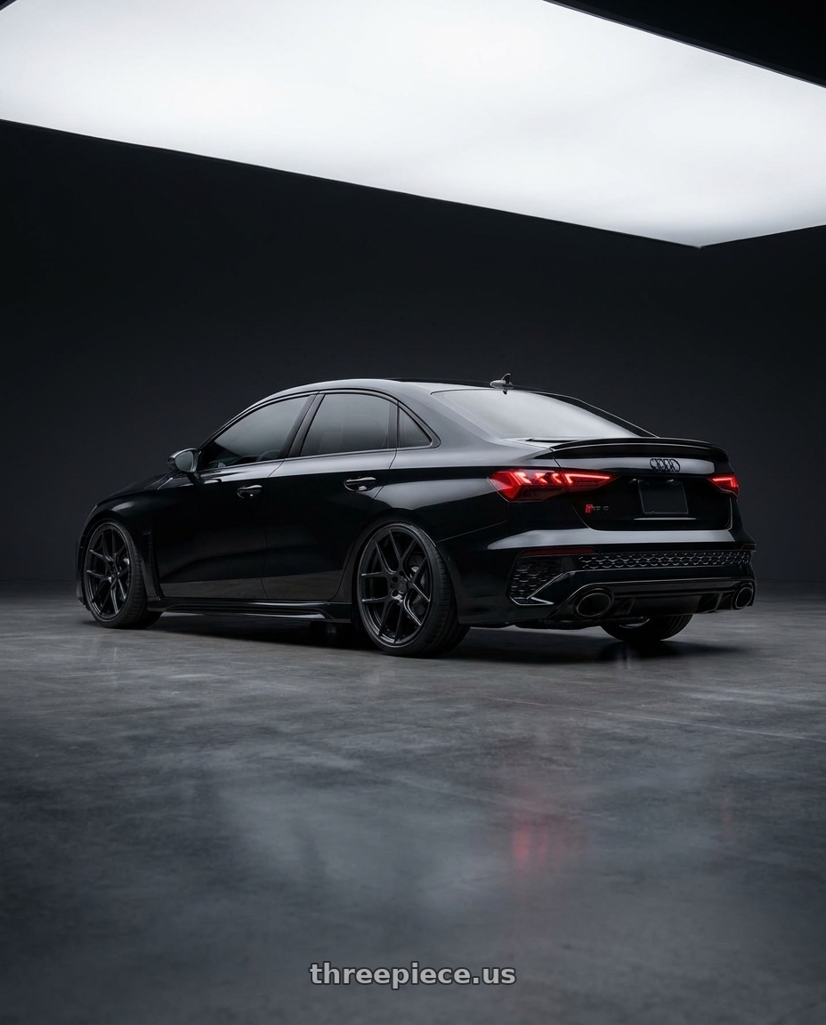 2022 Audi RS3 8Y with Aodhan AFF2 5x112 19x8.5+35 Matte Black wheels rear three quarter view slight stretch tires