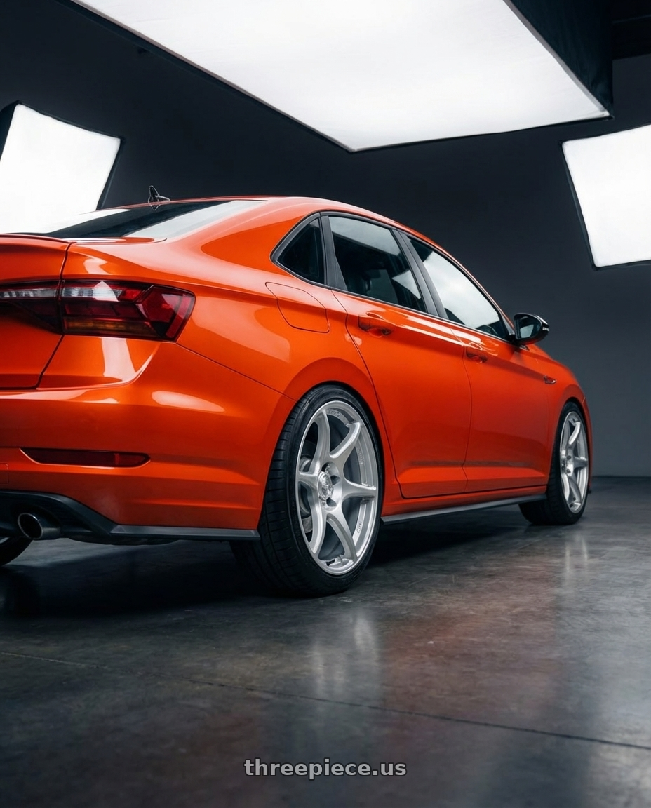 2023 Volkswagen Jetta GLI MK7 with Kansei K11S Tandem 5X112 18x8.5 35 Hyper Silver wheels rear three quarter view square tires