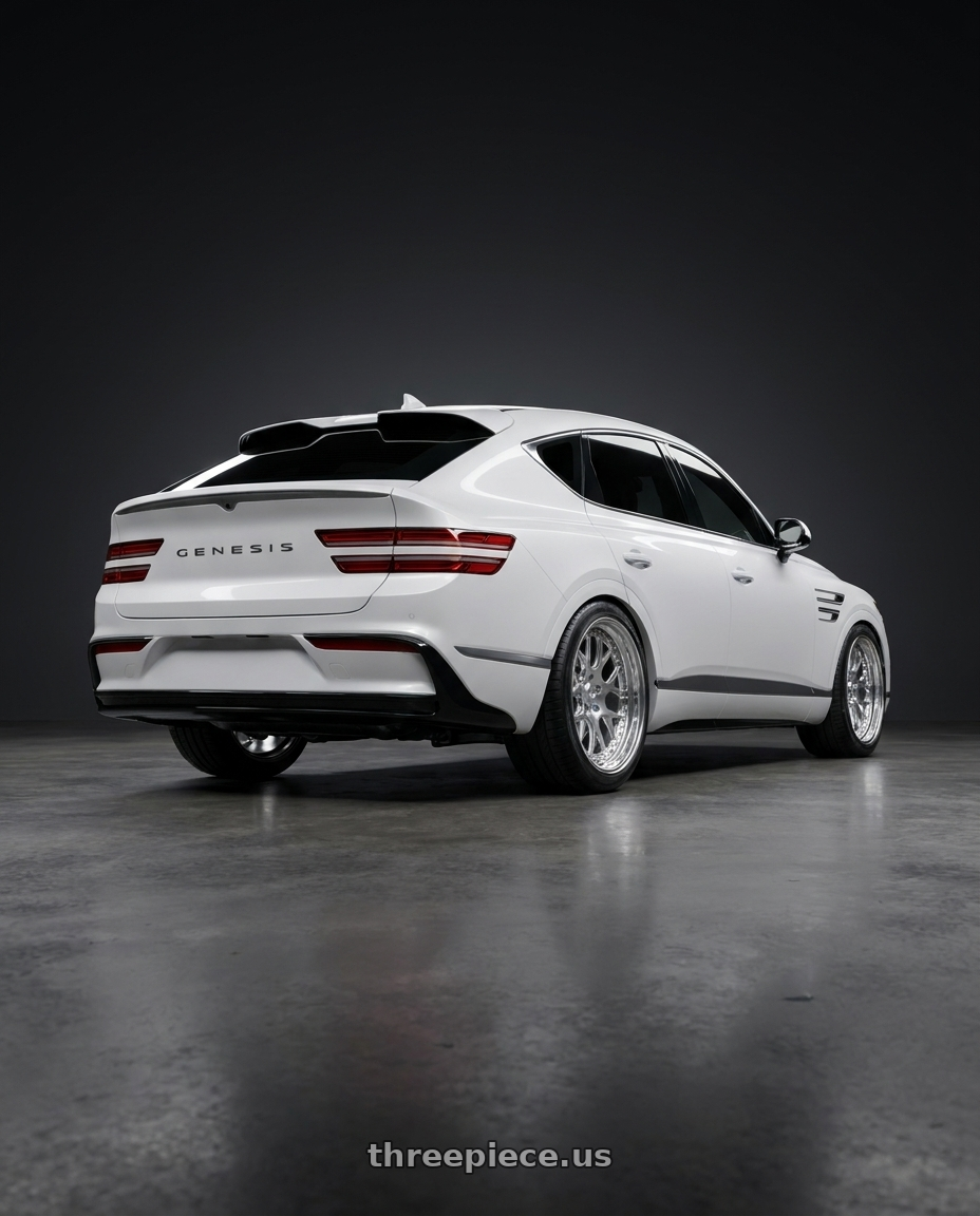 2027 Genesis GV80 with CCW CZ14 5x114.3 22x8.5 +12 Polished wheels rear three quarter view slight stretch tires