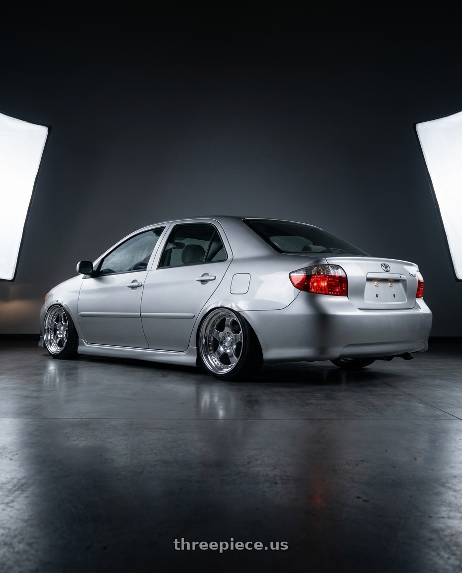 2003 Toyota vios with Rotiform 806 5x114.3 20x12.5 -4 CHROME wheels rear three quarter view slight stretch tires