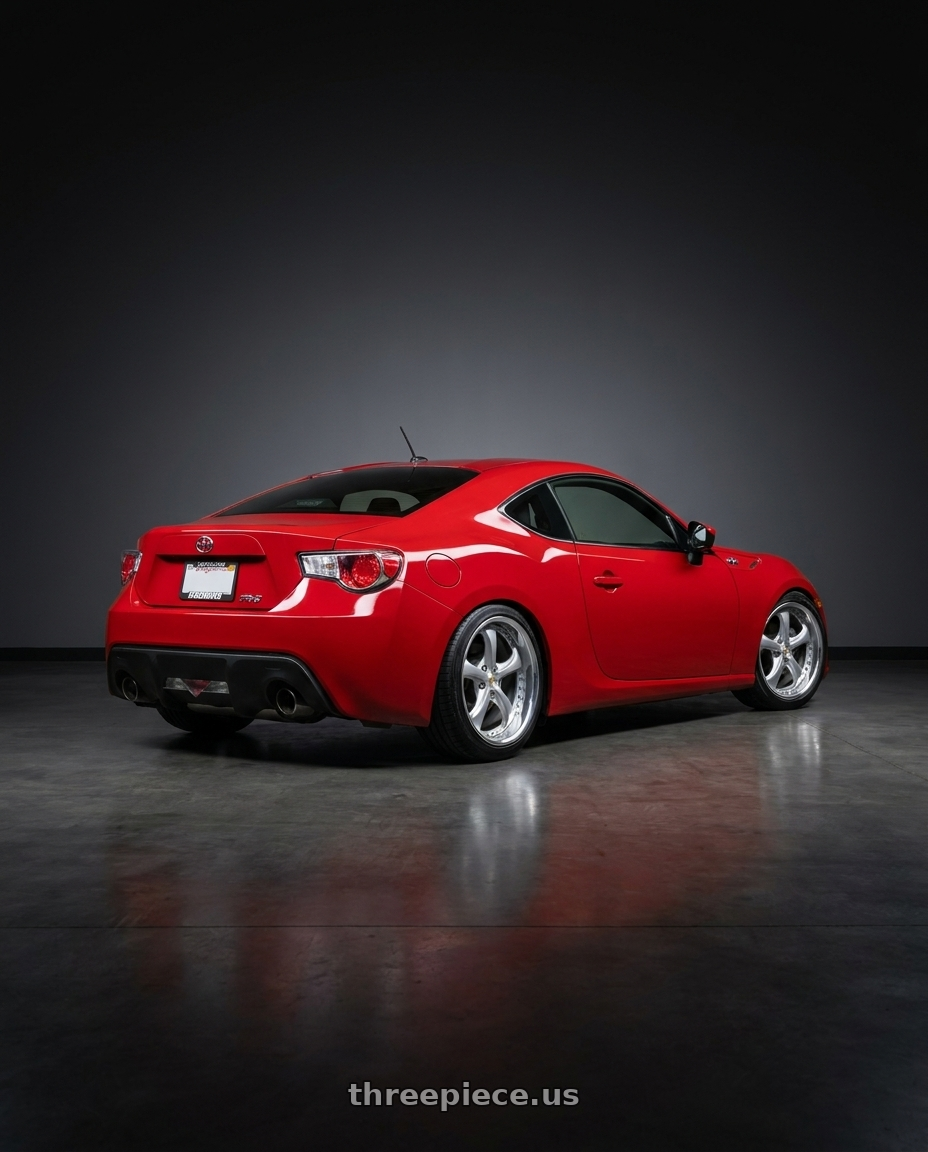 2013 Scion Fr-s with Work Wheels VS-KF 5x100 18x8+40 Light Grey Silver A Disk FULL REVERSE wheels rear three quarter view slight stretch tires