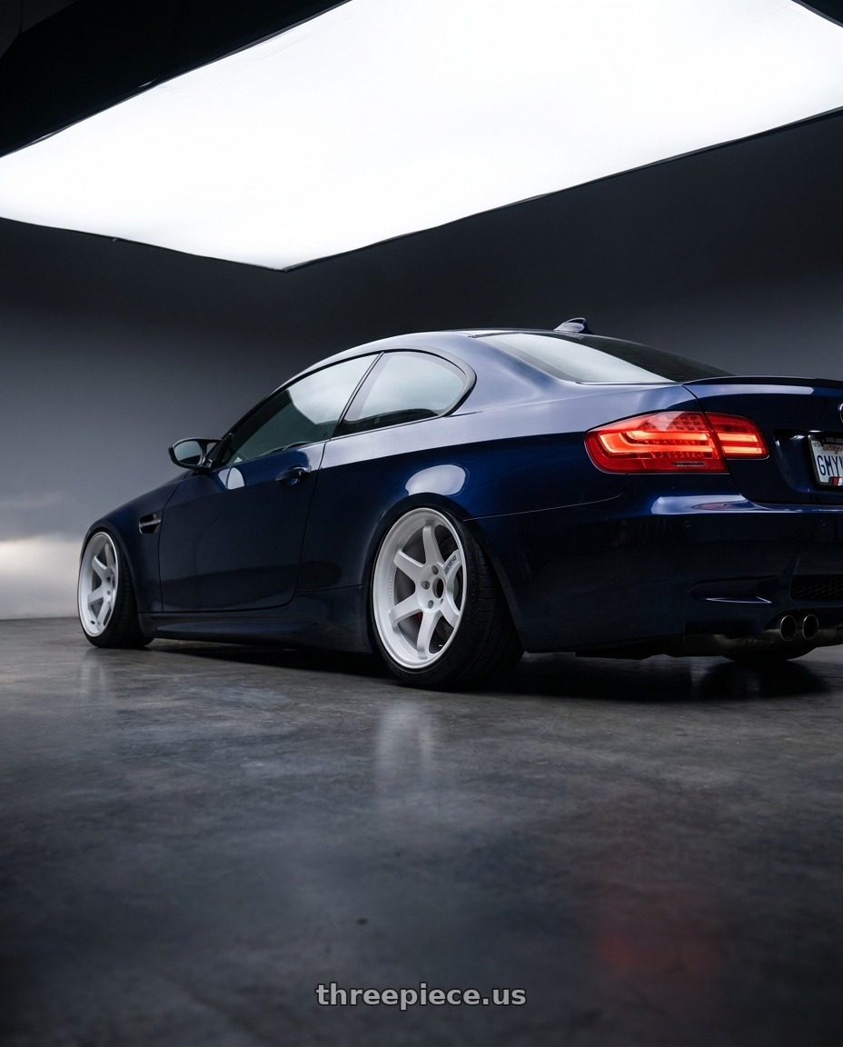 2011 bmw e92m3  with Volk Racing TE37 Gravel 5x114.3 15x7.0+35 White wheels rear three quarter view extreme stretch tires
